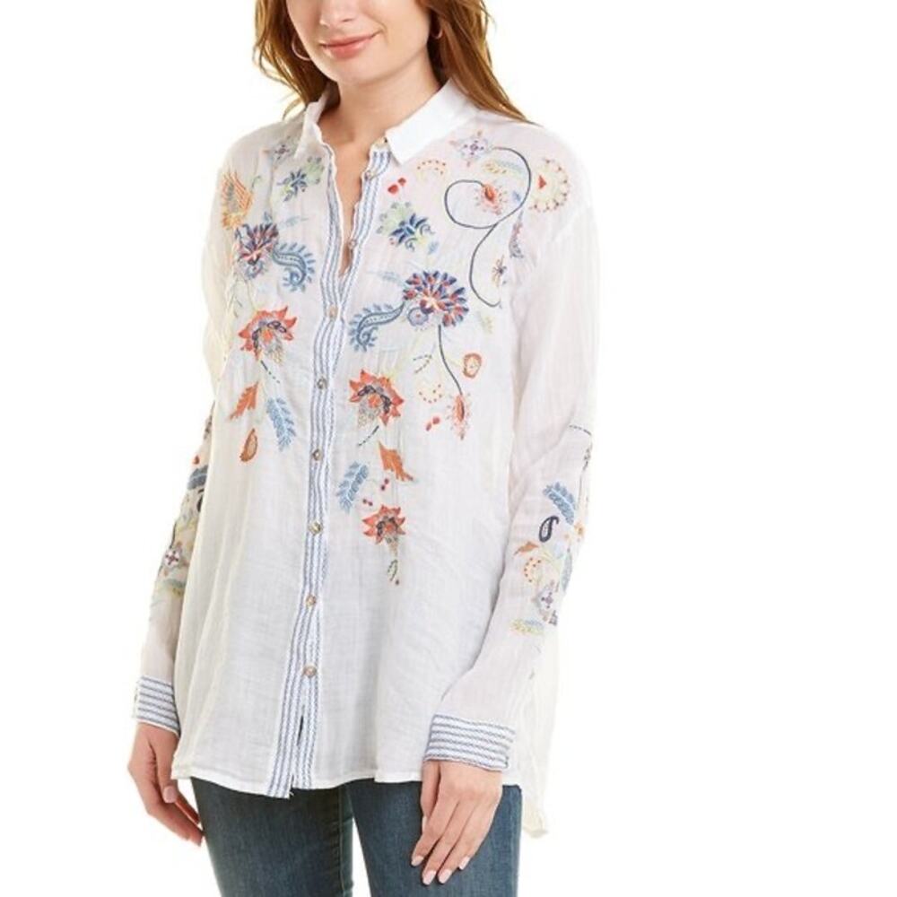 Johnny Was Kayra Oversized Embroidered Linen Shirt Tunic size XL